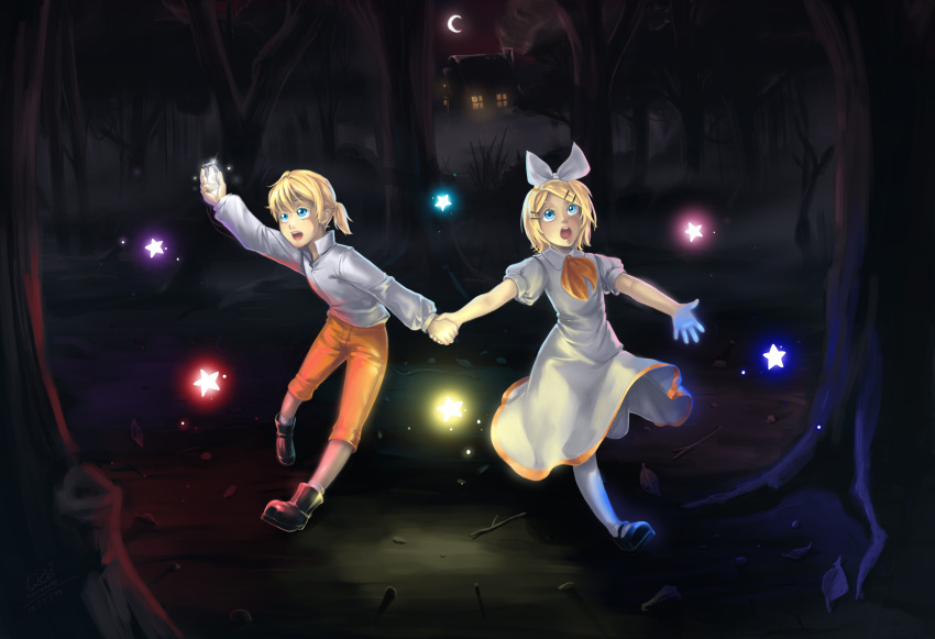 arm_up begging black_boots black_shoes blonde_hair blue_eyes boots bottle bow brother_and_sister brown_legwear cabin chrono_story_(vocaloid) crescent_moon dated doblemjwn dress evillious_nendaiki fog forest glowing hair_bow hair_ornament hairclip hand_holding highres hut kagamine_len kagamine_rin leaf looking_up moon nature night night_sky open_mouth orange_pants outstretched_arms pigeon-toed seven_deadly_sins shirt shoes short_hair siblings signature sky sparkle standing standing_on_one_leg star twins vocaloid white_dress white_legwear white_shirt