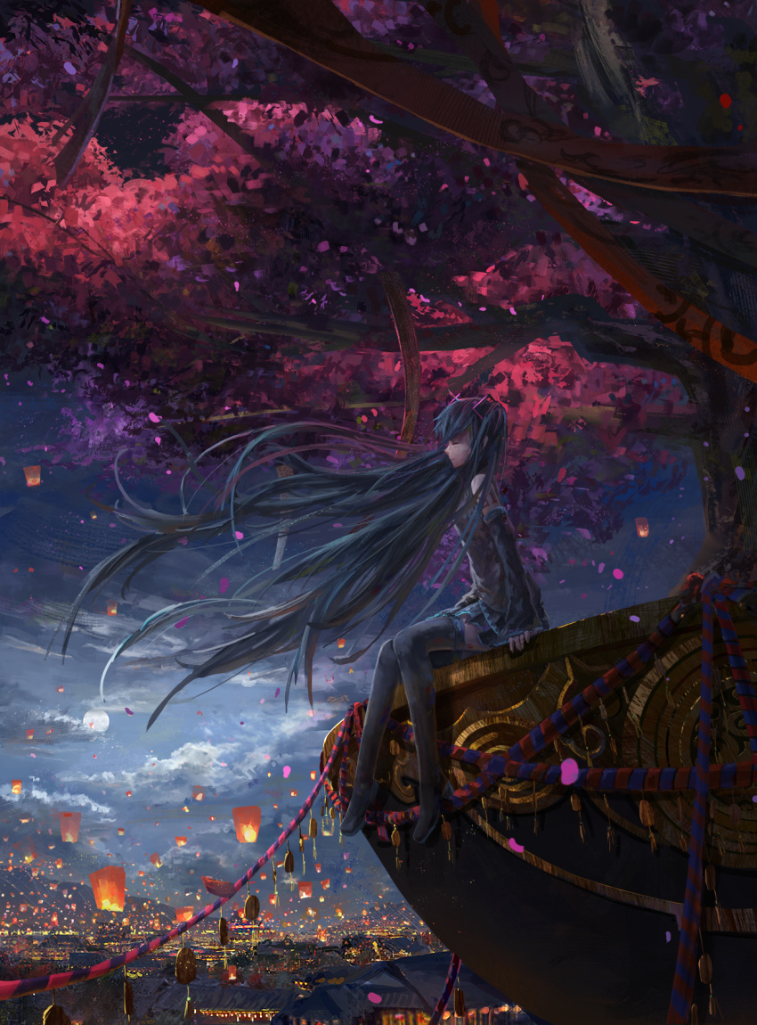 1girl architecture bare_shoulders black_legwear black_shirt black_shoes black_skirt blue_hair cherry_blossoms cityscape closed_eyes closed_mouth detached_sleeves east_asian_architecture floating_hair full_body full_moon hair_ornament hatsune_miku highres in_tree lampion lantern long_hair long_sleeves moon night scenery shirt shoes sitting sitting_in_tree skirt sleeveless sleeveless_shirt solo thigh-highs tianya_beiming tree twintails very_long_hair vocaloid