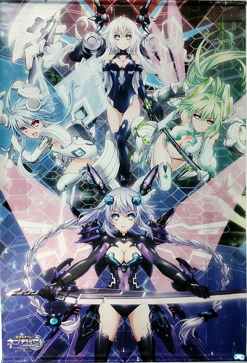 4girls absurdres ass axe black_heart blanc breasts choujigen_game_neptune cleavage cleavage_cutout female green_hair green_heart highres impossible_bodysuit large_breasts leotard light_blue_hair long_hair medium_breasts multiple_girls neptune_(choujigen_game_neptune) neptune_(series) noire polearm purple_hair purple_heart short_hair_with_long_locks small_breasts spear sword symbol-shaped_pupils tsunako vert very_long_hair weapon white_hair white_heart wings
