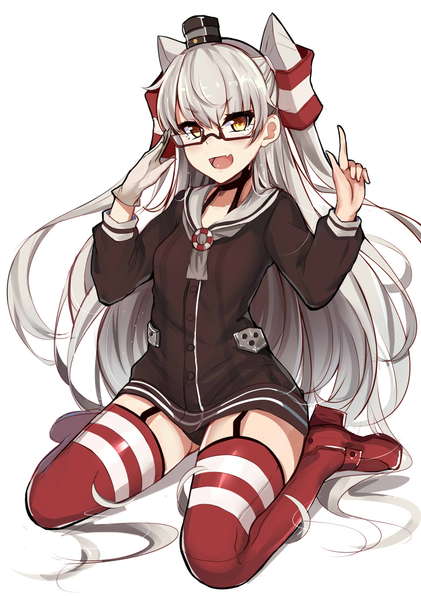 1girl :d absurdres amatsukaze_(kantai_collection) bespectacled black_panties choker garter_straps glasses highres index_finger_raised kantai_collection long_hair looking_at_viewer open_mouth panties red-framed_eyewear red_legwear semi-rimless_glasses silver_hair simple_background single_glove sitting slm smile striped striped_legwear thigh-highs under-rim_glasses underwear wariza white_background yellow_eyes