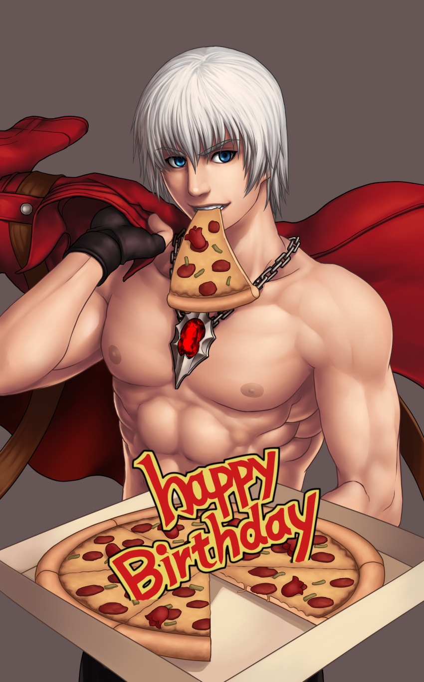 1boy abs absurdres blue_eyes chain_necklace dante_(devil_may_cry) devil_may_cry devil_may_cry_3 fingerless_gloves food gloves happy_birthday highres jacket_over_shoulder kiazee male_focus mouth_hold muscle pizza pizza_box shirtless silver_hair solo