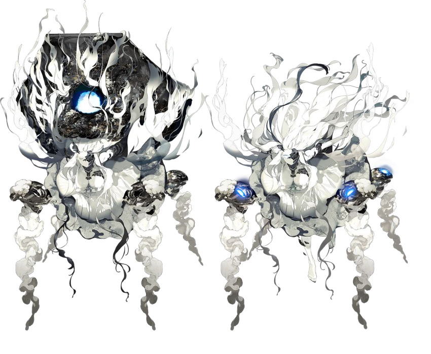 1girl absurdly_long_hair abyssal_jellyfish_hime akira_(kadokawa) bare_arms bare_legs black_hair black_nails blue_eyes breasts closed_eyes closed_mouth dress flight_deck frown glowing glowing_eye jellyfish kantai_collection large_breasts long_hair multicolored_hair nail_polish official_art one-eyed restrained shinkaisei-kan shiny shiny_skin solo streaked_hair tears toenails transparent_background very_long_hair white_background white_dress white_hair white_skin