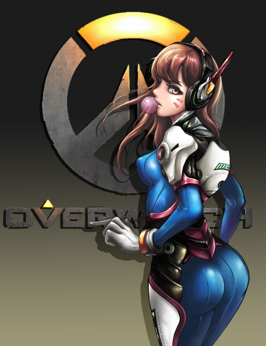 1girl absurdres ass bangs bodysuit boots bracer breasts brown_eyes brown_hair bubble_blowing bubblegum copyright_name cowboy_shot d.va_(overwatch) emblem erect_nipples eyelashes eyeliner facepaint facial_mark from_behind gloves gum hand_up headphones highres legs_together logo long_hair long_sleeves looking_at_viewer looking_back makeup medium_breasts open_mouth overwatch pauldrons pilot_suit ribbed_bodysuit shoulder_pads skin_tight solo standing teeth thigh-highs thigh_boots turtleneck whisker_markings white_boots white_gloves