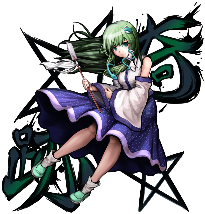 &gt;:) 1girl bare_shoulders blue_skirt blush dangan_ronpa detached_sleeves frog_hair_ornament full_body green_eyes green_hair green_shoes hair_ornament hair_tubes highres japanese_clothes kochiya_sanae long_hair long_sleeves looking_at_viewer matching_hair/eyes miko oonusa parody shirt shoes sidelocks skirt sleeveless sleeveless_shirt snake_hair_ornament socks solo style_parody taku_(harajuku) touhou white_legwear white_shirt wide_sleeves