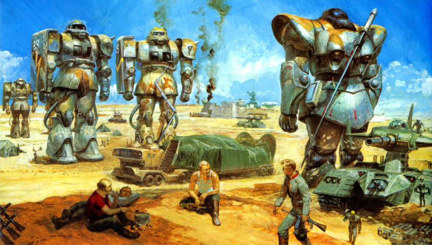 70s 80s aircraft army bald blonde_hair boots box camouflage cannon canopy climbing clouds cockpit container damaged desert desert_pattern dom eating epic fat fortress ground_vehicle gun gundam lying magella_attack manly mecha military military_uniform military_vehicle mobile_suit_gundam motor_vehicle multiple_boys muscle officer oldschool on_back pot realistic resting sand science_fiction shield sitting smoke soap soldier spikes spoon submachine_gun sword tagme takani_yoshiyuki tank tank_top tarp tent traditional_media truck turret uniform walking weapon zaku zaku_ii zeon