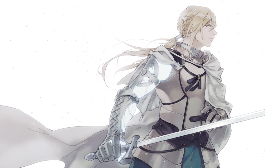 1boy armor bedivere blonde_hair blue_eyes braid cape fate/grand_order fate_(series) highres himishiro long_hair ponytail simple_background sword weapon