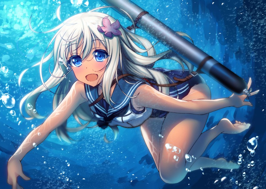 1girl air_bubble bare_legs bare_shoulders barefoot blonde_hair blue_eyes blush bubble crop_top floating_hair flower hair_flower hair_ornament kantai_collection long_hair one-piece_swimsuit one-piece_tan open_mouth raiou ro-500_(kantai_collection) sailor_collar school_swimsuit smile solo swimming swimsuit swimsuit_under_clothes tan tanline torpedo underwater water