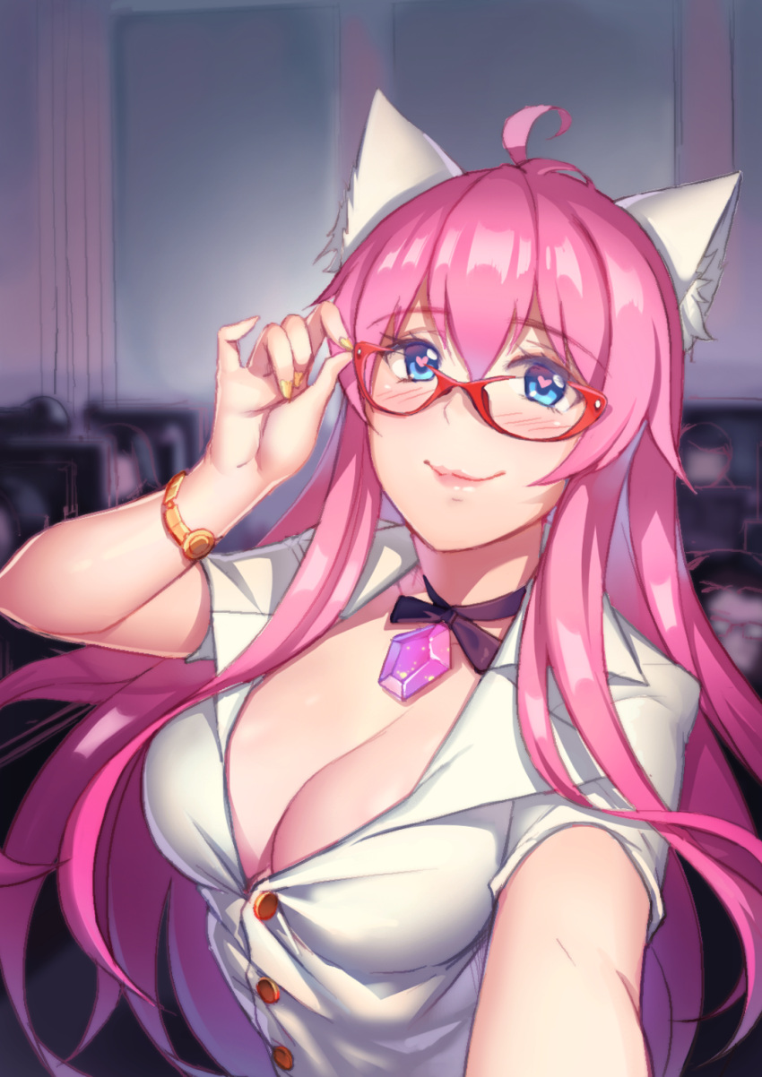 1girl adjusting_glasses ahoge animal_ears blue_eyes blush breasts cat_ears choker classroom cleavage gem glasses heart heart-shaped_pupils highres large_breasts lipstick long_hair looking_at_viewer makeup nail_polish original pink_hair red-framed_eyewear saidyiiii self_shot shirt smile solo_focus symbol-shaped_pupils taut_clothes taut_shirt teacher upper_body watch watch white_shirt xiao_me
