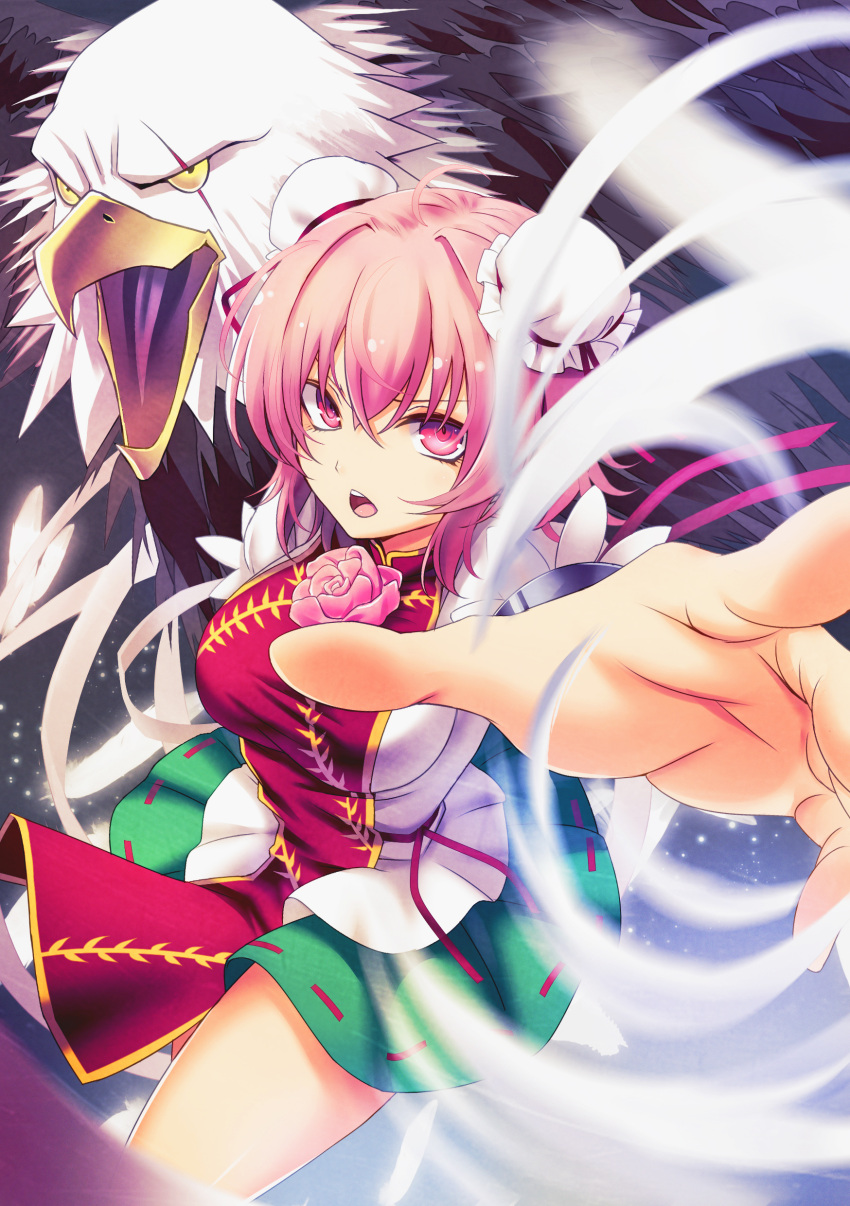 &gt;:o 1girl :o absurdres amputee bandage bird breasts bun_cover chestnut_mouth cuffs double_bun eagle flower foreshortening green_skirt highres ibaraki_kasen koissa looking_at_viewer medium_breasts open_mouth pink_eyes pink_hair pink_rose reaching_out rose scar scar_across_eye shackles shirt short_hair skirt tabard touhou whirlwind white_shirt