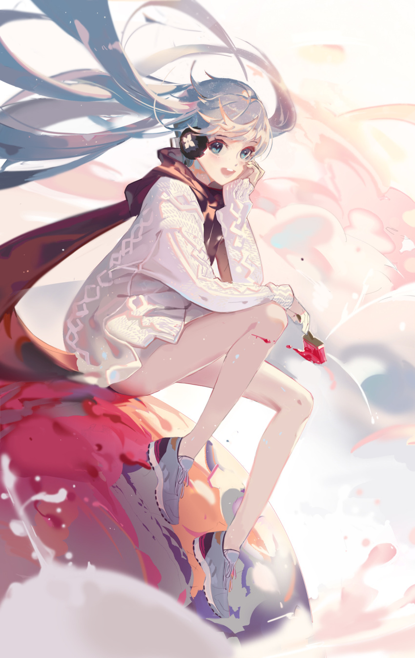 1girl :d aran_sweater bangs bare_legs blue_eyes blue_hair blue_shoes clouds dress floating_hair full_body hand_on_own_cheek hatsune_miku head_rest headphones highres holding light_particles long_sleeves magical_mirai_(vocaloid) no_socks open_mouth paint paintbrush rabbit_(tukenitian) red_scarf scarf shoes sitting sleeves_past_wrists smile sneakers solo sphere splatter sweater sweater_dress twintails vocaloid white_sweater wind