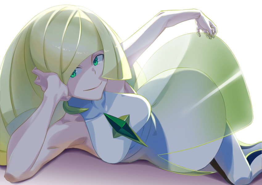 1girl bare_arms blonde_hair breasts closed_mouth collarbone dress dress_lift gem green_eyes highres leggings long_hair looking_at_viewer lusamine_(pokemon) lying mature medium_breasts on_side pokemon pokemon_(game) pokemon_sm see-through short_dress simple_background smile tyoro_(tyoromatsu59) white_background white_dress