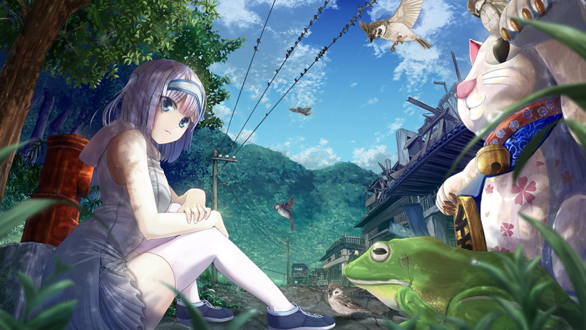 1girl animal bird black_shoes blue_eyes blue_sky blurry building clouds clouds cloudy_sky day eyebrows eyebrows_visible_through_hair frog grass hairband hood looking_at_viewer maneki-neko mountain nature original pleated_skirt power_lines rubble rural shade shoes silver_hair sitting skirt sky sleeveless sleeveless_hoodie sneakers sparrow thigh-highs tree white_legwear white_skirt windfeathers