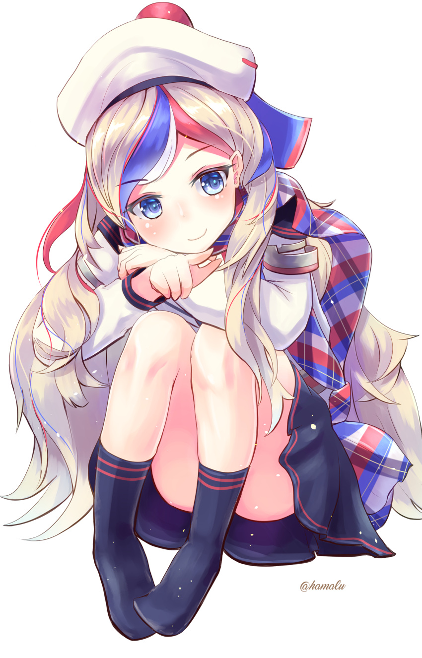1girl absurdres bangs belt beret black_legwear blonde_hair blue_hair commandant_teste_(kantai_collection) double-breasted dress hamalu hat head_rest highres jacket kantai_collection kneehighs long_hair looking_at_viewer multicolored_hair no_shoes pointing pointing_at_viewer pom_pom_(clothes) ponytail redhead scarf simple_background sitting smile socks solo streaked_hair swept_bangs twitter_username wavy_hair white_background