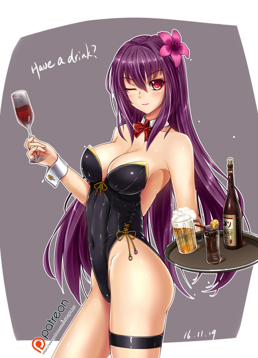 1girl ;) ? alcohol alternate_costume bare_shoulders beer beer_mug black_legwear black_leotard blush bottle breasts bunny_girl bunnysuit cleavage cocktail collarbone contrapposto covered_navel dated detached_collar drink english fate/grand_order fate_(series) female flower foam glass hair_between_eyes hair_flower hair_ornament hibiscus highleg highleg_leotard highres large_breasts legband leotard lipstick long_hair looking_at_viewer midnight_(banyex) one_eye_closed patreon playboy_bunny_leotard purple_hair red_eyes scathach_(fate/grand_order) simple_background smile solo standing strapless strapless_leotard thigh_strap tray type-moon very_long_hair wine wrist_cuffs