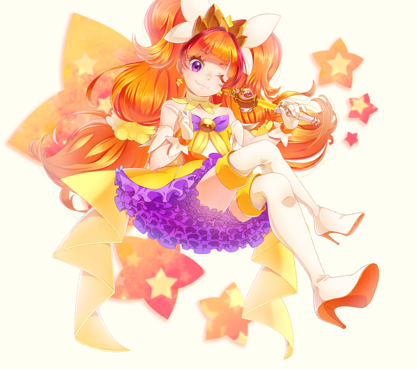 1girl absurdres amanogawa_kirara boots brown_hair choker cure_twinkle earrings female frilled_skirt frills full_body gloves go!_princess_precure highres jewelry legs_crossed long_hair magical_girl multicolored_hair one_eye_closed precure purple_skirt quad_tails redhead skirt smile solo star star_earrings streaked_hair thigh-highs thigh_boots twintails two-tone_hair violet_eyes wand white_boots white_gloves yupiteru