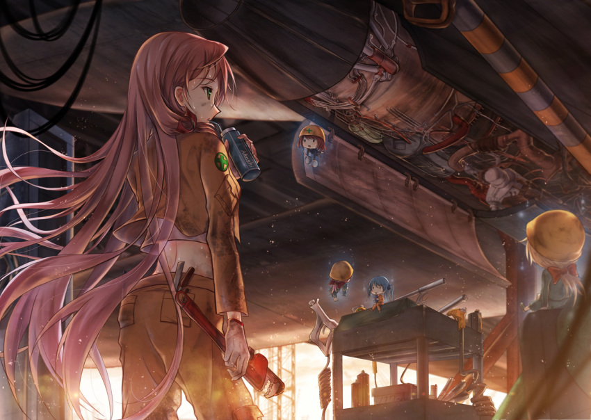 5girls :o akashi_(kantai_collection) arm_at_side back blue_hair blurry bow boyogo breath cable can carrying character_request cropped_jacket cross depth_of_field dirty_face drinking drinking_straw dust fairy_(kantai_collection) floating_hair flying from_behind gloves hair_ribbon headwear_removed helmet helmet_removed holding jacket kantai_collection light_brown_hair light_particles long_hair long_sleeves looking_at_another low_ponytail machinery midriff minigirl multiple_girls pants pink_hair pliers pocket profile red_bow redhead ribbon screwdriver sitting striped sweat sweating toolbox tools tress_ribbon two_side_up very_long_hair white_gloves wrench yellow_jacket yellow_pants