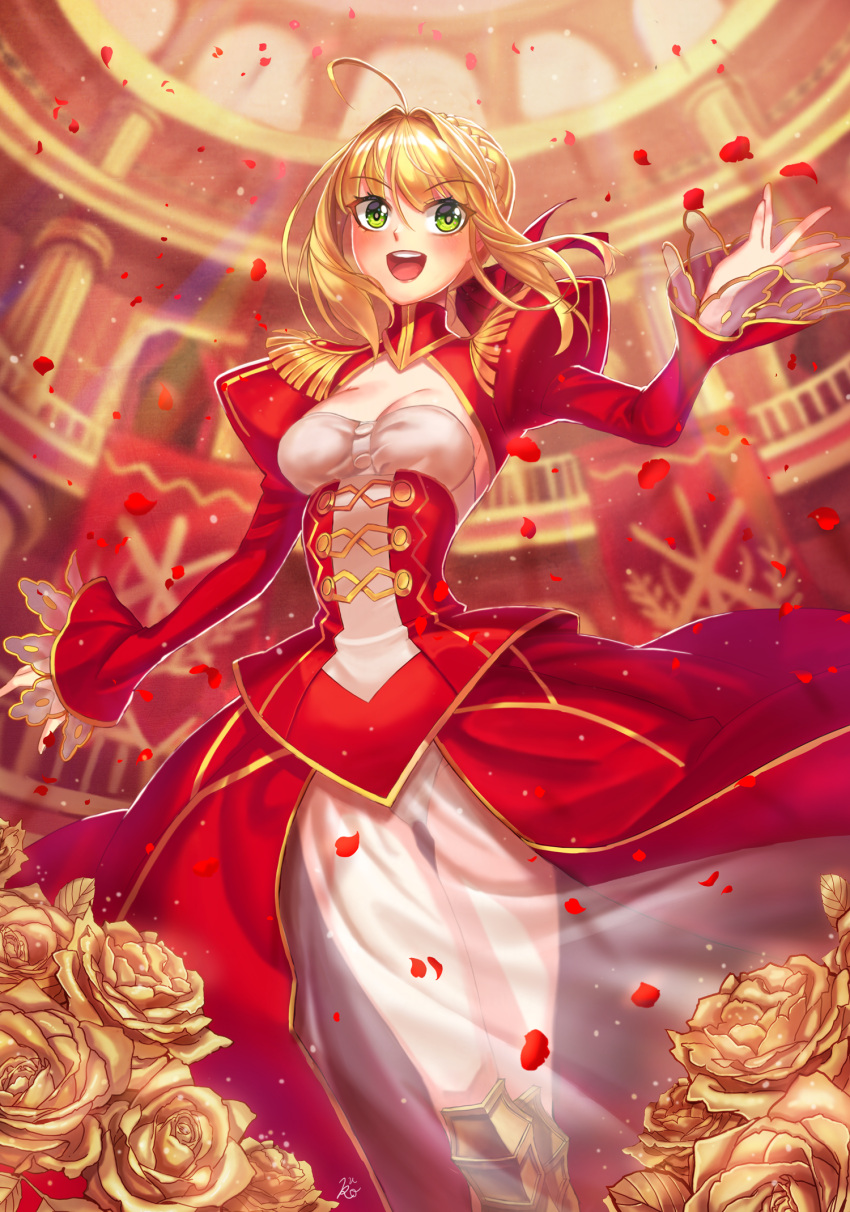 1girl :d ahoge blonde_hair breasts cleavage corset dress epaulettes fate/extra fate_(series) flower highres kuro_(ning2763) long_sleeves looking_to_the_side medium_breasts nero_claudius_(fate) nero_claudius_(fate)_(all) open_mouth petals rose short_hair smile solo standing