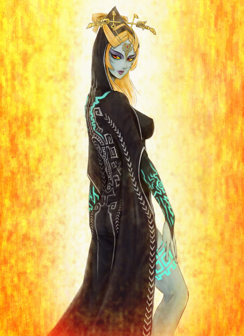 1girl bekio blonde_hair blue_skin breasts erect_nipples eyebrows eyelashes eyeliner from_side headwear highres hood makeup medium_breasts midna midna_(true) parted_lips perky_breasts red_eyes robe solo tattoo the_legend_of_zelda the_legend_of_zelda:_twilight_princess yellow_sclera