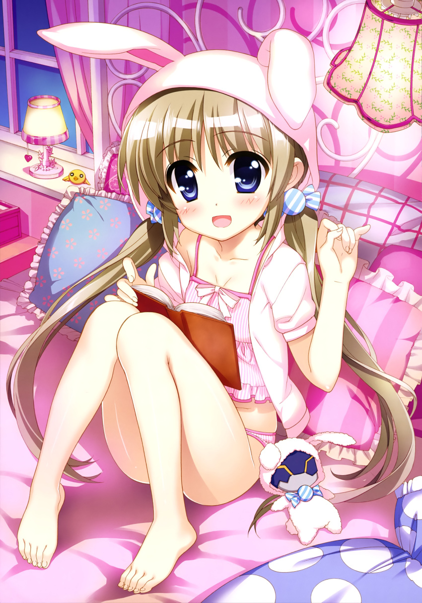 1girl :d absurdres animal_hood barefoot blue_eyes blush book breasts brown_hair bunny_hood cleavage collarbone corona_timir feet floral_print frilled_pillow frills fujima_takuya golem highres hood lamp long_hair looking_at_viewer lyrical_nanoha mahou_shoujo_lyrical_nanoha_vivid official_art on_bed open_mouth panties pillow pink_panties ribbon shiny shiny_hair shiny_skin short_sleeves sitting skindentation small_breasts smile solo striped sweater toes twintails underwear vertical-striped_panties vertical_stripes window windowsill