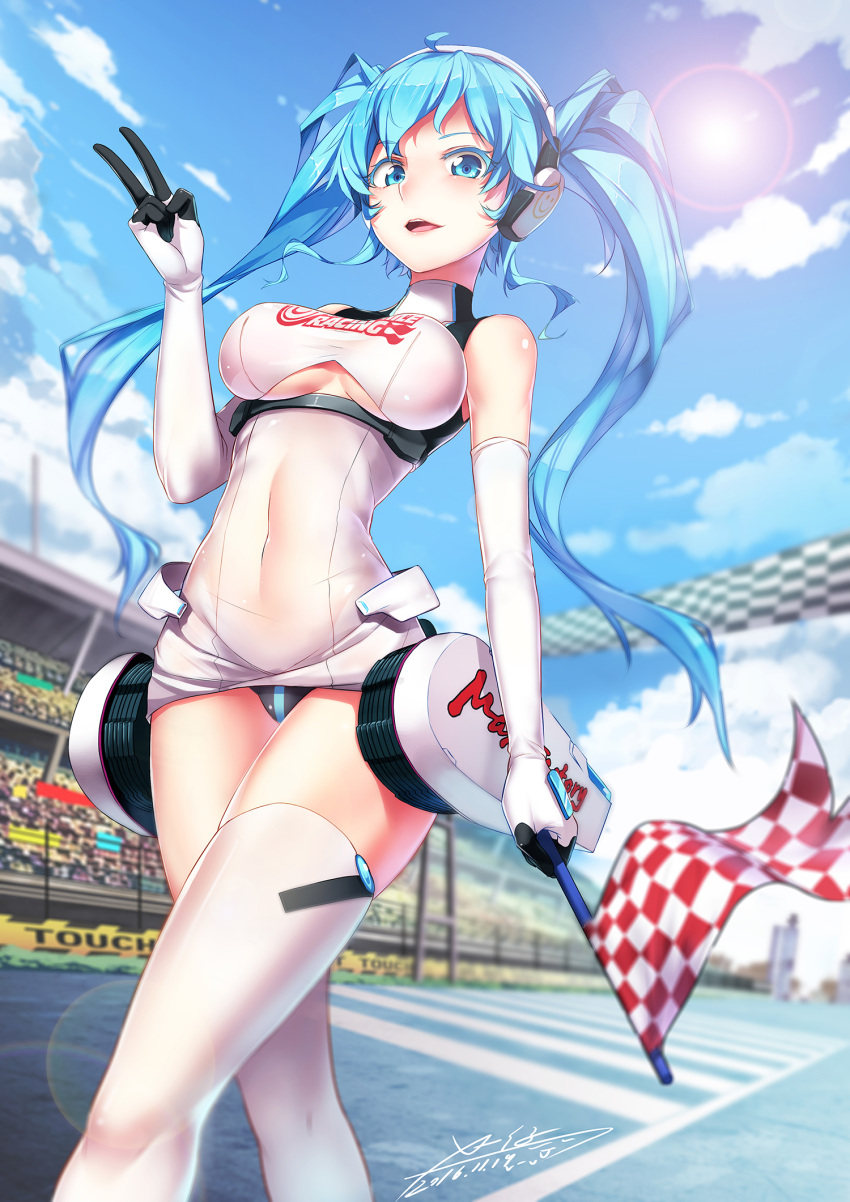 1girl 2016 aqua_eyes aqua_hair arm_at_side bangs black_panties blue_eyes blue_hair blue_sky blurry breasts clothes_writing clouds colored_eyelashes covered_navel crowd dated day depth_of_field dress elbow_gloves flag gloves goodsmile_company goodsmile_racing hatsune_miku highres holding_flag lens_flare long_hair looking_at_viewer medium_breasts microdress navel outdoors panties racequeen racetrack see-through signature skin_tight skindentation sky smile smiley_face solo_focus sun taut_clothes thigh-highs turtleneck twintails under_boob underboob_cutout underwear v vocaloid walking white_gloves white_legwear x-boy