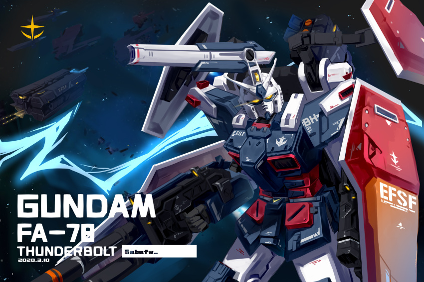 absurdres arm_cannon arm_shield artist_name beam_cannon character_name chinese_commentary commentary_request dated earth_federation_space_forces eye_trail full_armor_gundam gabafw gundam gundam_thunderbolt highres insignia light_trail looking_at_viewer mecha missile_pod mobile_suit no_humans robot science_fiction shield shoulder_cannon solo space spacecraft v-fin weapon yellow_eyes