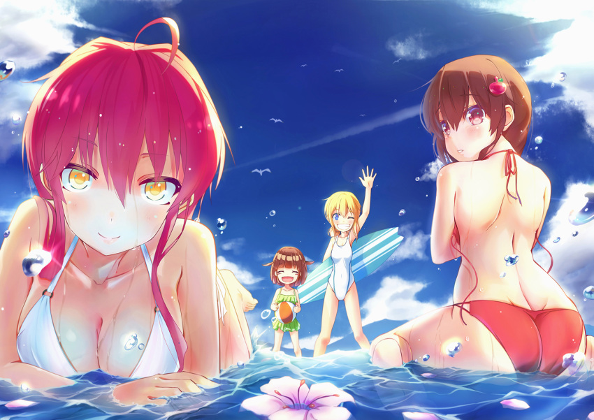 4girls :d ahoge apple_hair_ornament arm_up ass back ball bangs barefoot beachball bikini bird blonde_hair blue_eyes blue_sky blush bob_cut breasts brown_eyes brown_hair cleavage closed_eyes clouds commentary day dove eyebrows eyebrows_visible_through_hair flower food_themed_hair_ornament grin hair_between_eyes hair_ornament halter_top halterneck hibiscus holding_ball large_breasts looking_at_viewer looking_back lying multiple_girls ocean on_stomach one-piece_swimsuit one_eye_closed open_mouth original outdoors pink_hair red_bikini short_hair short_twintails sitting sky smile soles sparkle splashing standing surfboard swimsuit twintails untied untied_bikini wariza water waving wet white_bikini white_flower yellow_eyes zongmao
