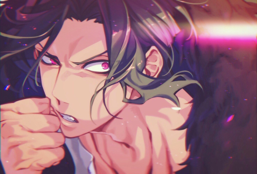 1boy clenched_hand clenched_teeth close-up dangan_ronpa dangan_ronpa_3 dark_skin dark_skinned_male fur_trim kakio_romio looking_to_the_side male_focus pink_eyes sakakura_juuzou solo teeth upper_body
