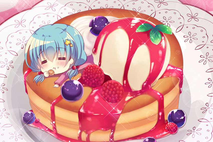 1girl :&lt; :t =_= blue_hair blueberry blush chibi closed_eyes eating food fruit hair_ornament ice_cream in_food low_twintails lying minigirl on_stomach original pancake raspberry solo sparkle star star_hair_ornament suzune_rena syrup twintails