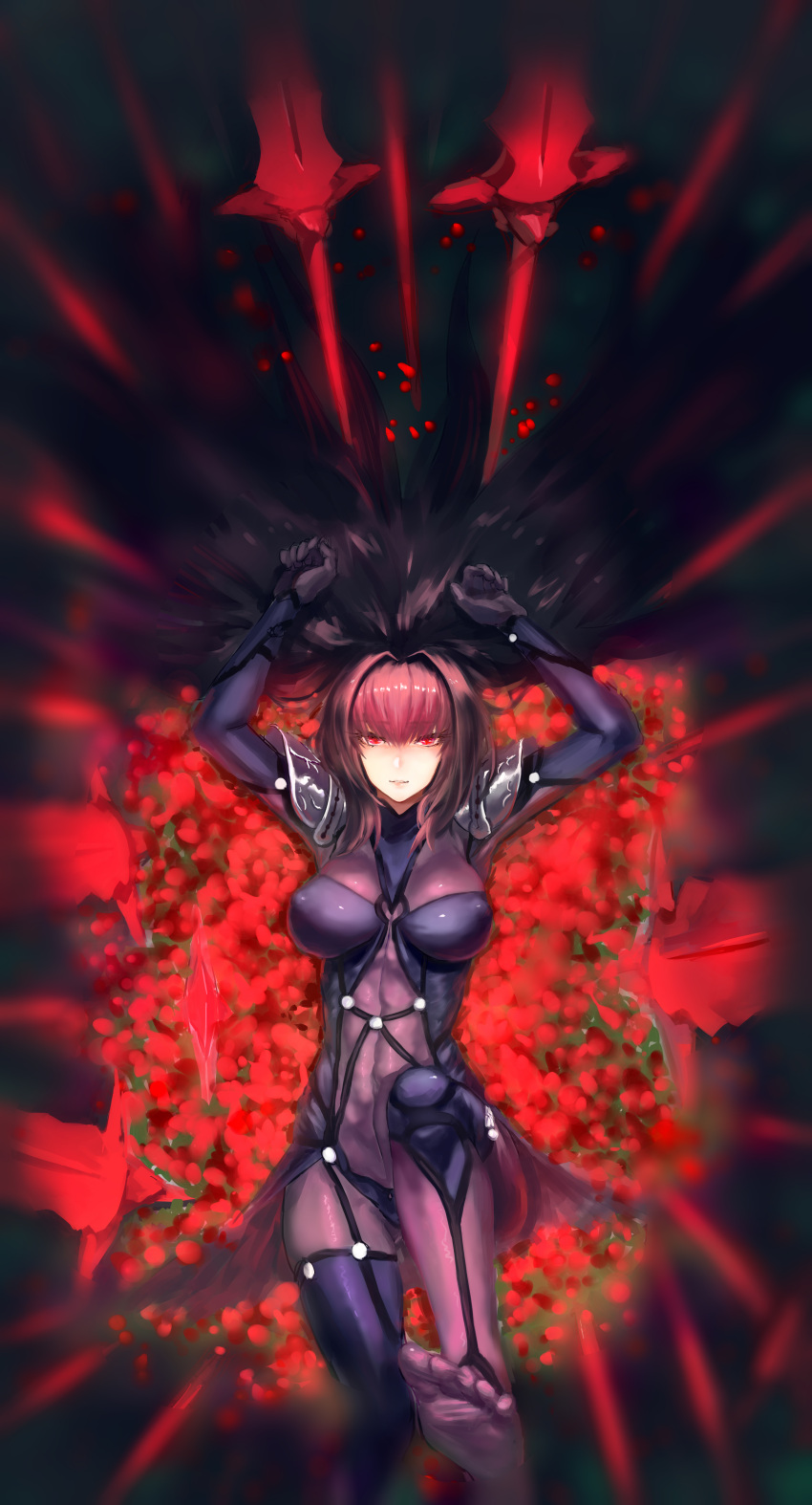 1girl abs absurdres artist_request blurry bodysuit breasts depth_of_field erect_nipples fate/grand_order fate_(series) feet field flower flower_field gae_bolg highres long_hair looking_at_viewer lying on_back pauldrons polearm pov_feet purple_hair red_eyes scathach_(fate/grand_order) solo spear weapon