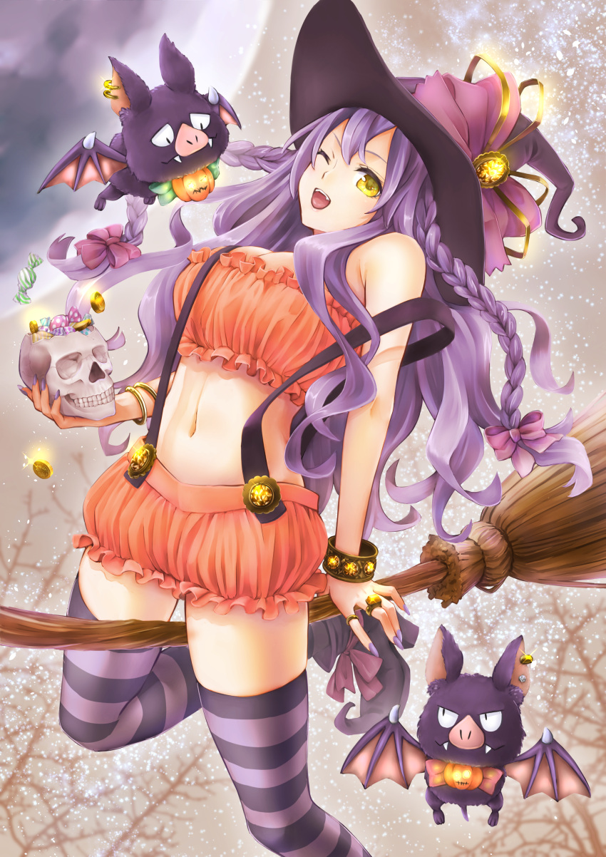 1girl absurdres bangs bare_shoulders bare_tree bat_wings bloomers bow bracelet braid breasts broom candy cleavage coin commentary daidai_jamu fang flying food hair_between_eyes hair_ribbon halloween hat highres jack-o'-lantern jewelry large_breasts long_hair midriff moon nail_polish navel one_eye_closed open_mouth original puffy_pants pumpkin purple_bow purple_hair purple_nails ribbon ring skull solo strap strapless striped striped_legwear thigh-highs thighs tree tubetop underwear wavy_hair wings witch witch_hat yellow_eyes yellow_ribbon