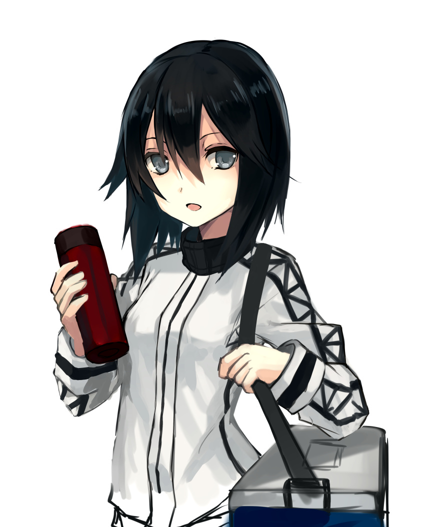 1girl absurdres black_hair cooler grey_eyes hayasui_(kantai_collection) highres jacket kantai_collection looking_at_viewer natsuyuki open_mouth short_hair simple_background solo track_jacket upper_body white_background