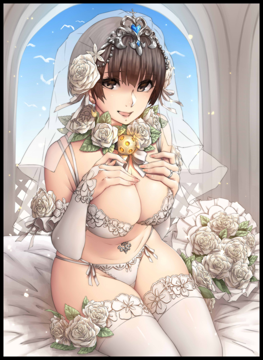 1girl absurdres bangs bed_sheet bird black_border blue_sky bob_cut border bouquet bra breasts bridal_veil bride brown_eyes brown_hair cleavage curvy day dove elbow_gloves eyebrows eyebrows_visible_through_hair flower flower_necklace gloves hands_on_own_chest highres jewelry large_breasts lingerie looking_at_viewer necklace open_mouth original panties ribbon rico_(game00985) rose short_hair sitting sky smile solo thigh-highs tiara underwear veil white_bra white_gloves white_legwear white_panties white_ribbon white_rose
