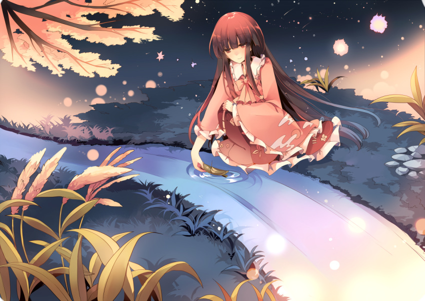 1girl black_hair blouse bow bowtie brown_eyes brown_skirt closed_mouth floating flower frilled_shirt_collar frills hime_cut houraisan_kaguya kirero kneeling leaf long_hair long_skirt long_sleeves looking_at_another petticoat river sidelocks skirt sky smile solo star_(sky) starry_sky touhou tree very_long_hair wide_sleeves yellow_bow yellow_bowtie