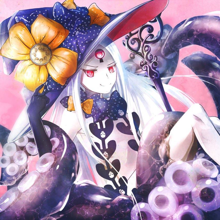 1girl abigail_williams_(fate/grand_order) bangs black_bow black_hat bow closed_mouth commentary_request fate/grand_order fate_(series) fingernails hat hat_bow highres ikanan long_hair looking_at_viewer orange_bow pale_skin parted_bangs print_bow red_eyes revealing_clothes slimy smile solo star star_print suction_cups tentacle topless v-shaped_eyebrows very_long_hair white_hair witch_hat