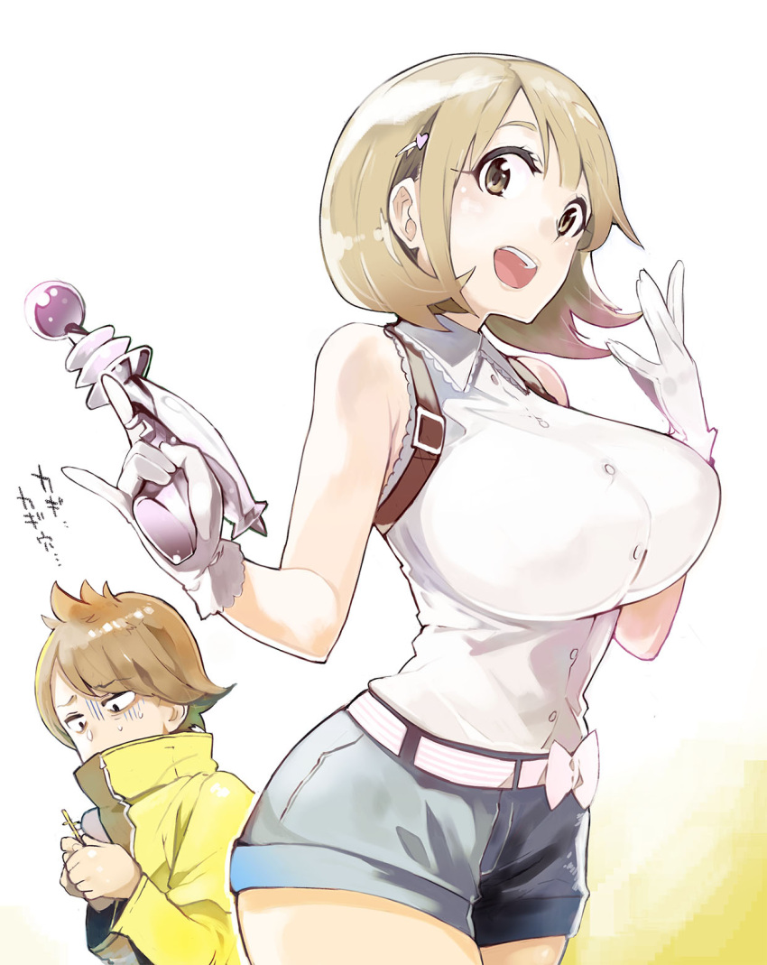 1girl bare_shoulders belt breasts brown_eyes brown_hair energy_gun gamon_yuuta gloves hair_ornament hairclip heart_hair_ornament highres large_breasts looking_at_viewer mob_(artist) narusawa_ryouka occultic;nine pinky_out ray_gun short_hair short_shorts shorts simple_background smile solo thighs translation_request trigger_discipline weapon white_background white_gloves