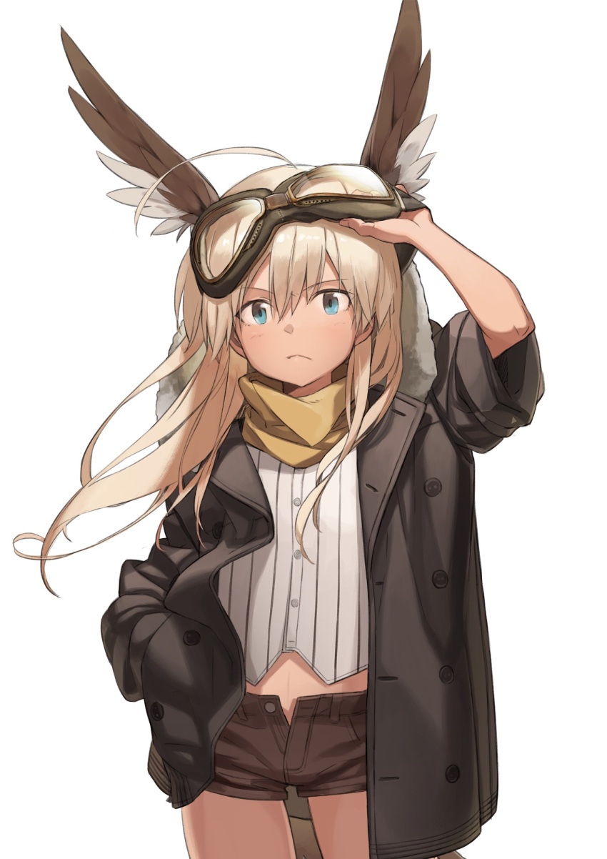 1girl ahoge blonde_hair blue_eyes brown_pants brown_shorts check_commentary commentary_request eyebrows eyebrows_visible_through_hair goggles hair_between_eyes hand_in_pocket hanna-justina_marseille head_wings highres jacket kirii leather leather_jacket long_hair long_sleeves looking_at_viewer midriff oversized_clothes pants scarf shirt shorts simple_background solo strike_witches striped striped_shirt white_background white_shirt wide_sleeves world_witches_series younger
