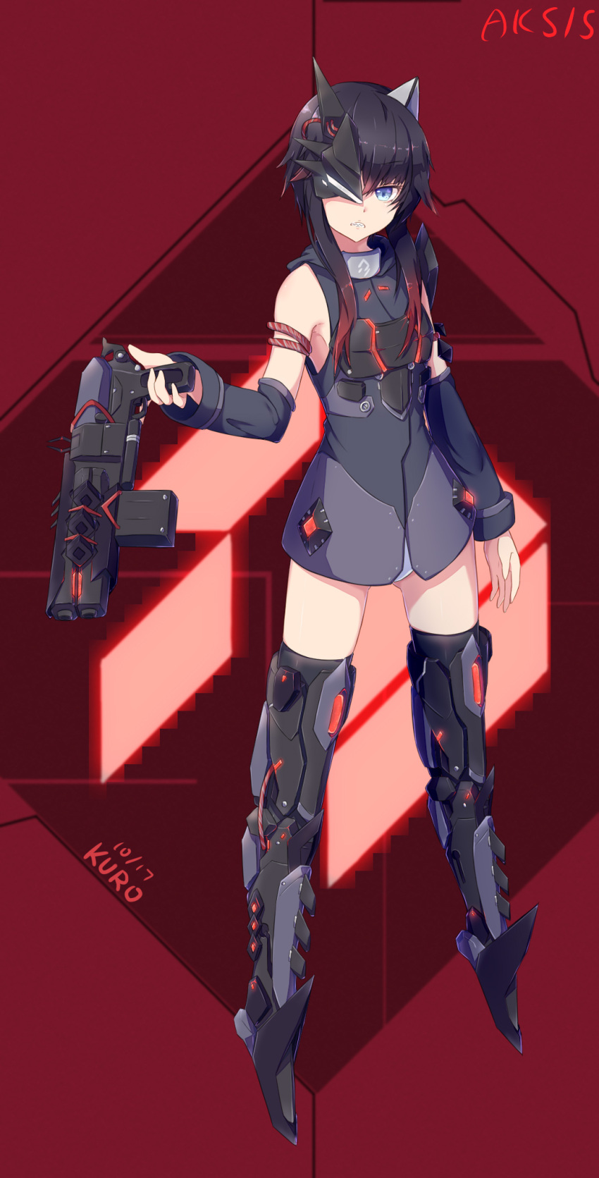 1girl aksis_(destiny) arm_at_side armlet armor armored_boots armpits bare_shoulders black_boots black_hair blue_eyes boots breastplate character_name check_commentary clenched_teeth commentary commentary_request cyborg destiny_(game) detached_sleeves eyebrows eyebrows_visible_through_hair full_body genderswap genderswap_(mtf) glowing gradient_hair gun headgear highres holding holding_gun holding_weapon kuroda_kuwa looking_at_viewer multicolored_hair one_eye_covered panties personification redhead sidelocks siva_(destiny) skirt sleeve_cuffs sleeveless teeth thigh-highs thigh_boots underwear weapon white_panties