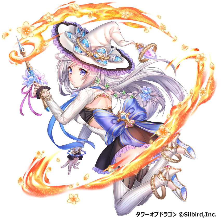 1girl absurdres anklet blue_eyes bracelet braid fire flame flower frills hair_flower hair_ornament hat high_heels highres iria_(yumeirokingyo) jewelry looking_back magic miniskirt silver_hair single_braid skirt solo tower_of_dragon wand white_background witch_hat
