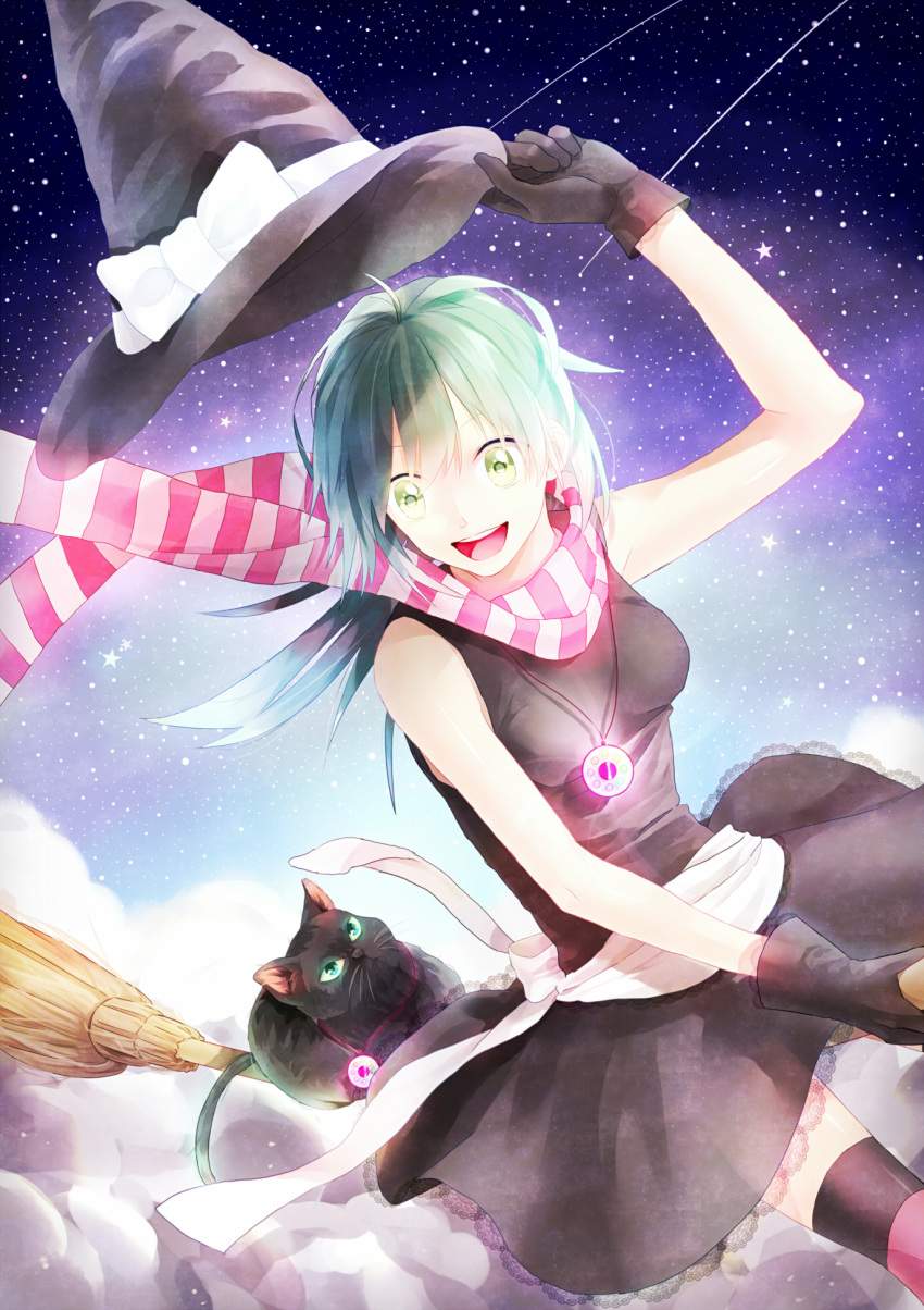 1girl black_dress black_gloves black_hat bow cat dress gloves green_eyes green_hair hat highres long_hair matching_hair/eyes open_mouth original p.rupon scarf solo striped striped_legwear striped_scarf white_bow witch_hat