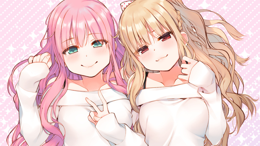 2girls :3 blonde_hair blush braid breasts closed_mouth collarbone eyebrows eyebrows_visible_through_hair fujigasaki_connie fuzuki_fuuro green_eyes hair_between_eyes head_tilt long_hair looking_at_viewer medium_breasts multiple_girls off-shoulder_sweater official_art olive!_believe_"olive"? pink_background pink_hair red_eyes sleeves_past_wrists smile sparkle sweater upper_body v