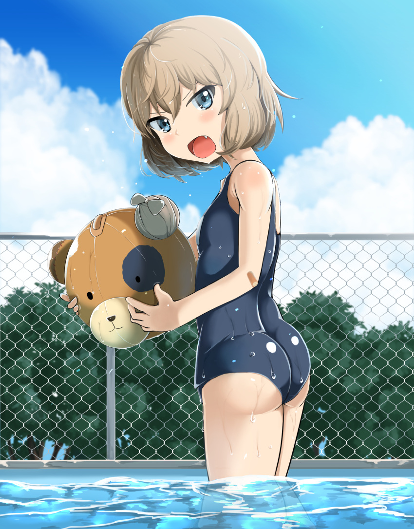 1girl ass ball beachball blonde_hair blue_eyes blue_swimsuit boko_(girls_und_panzer) chain-link_fence fang fence girls_und_panzer highres katyusha looking_at_viewer open_mouth reflection rorimo school_swimsuit short_hair standing swimsuit tree water wet