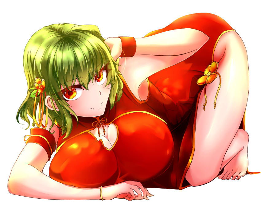 1girl all_fours alternate_costume armpits bangs bare_shoulders barefoot blush bracelet breasts china_dress chinese_clothes cleavage cleavage_cutout closed_mouth dress flower green_hair hair_flower hair_ornament highres itocoh jewelry kazami_yuuka large_breasts looking_at_viewer orange_eyes red_dress short_hair side_slit sleeveless sleeveless_dress smile solo thighs touhou wristband