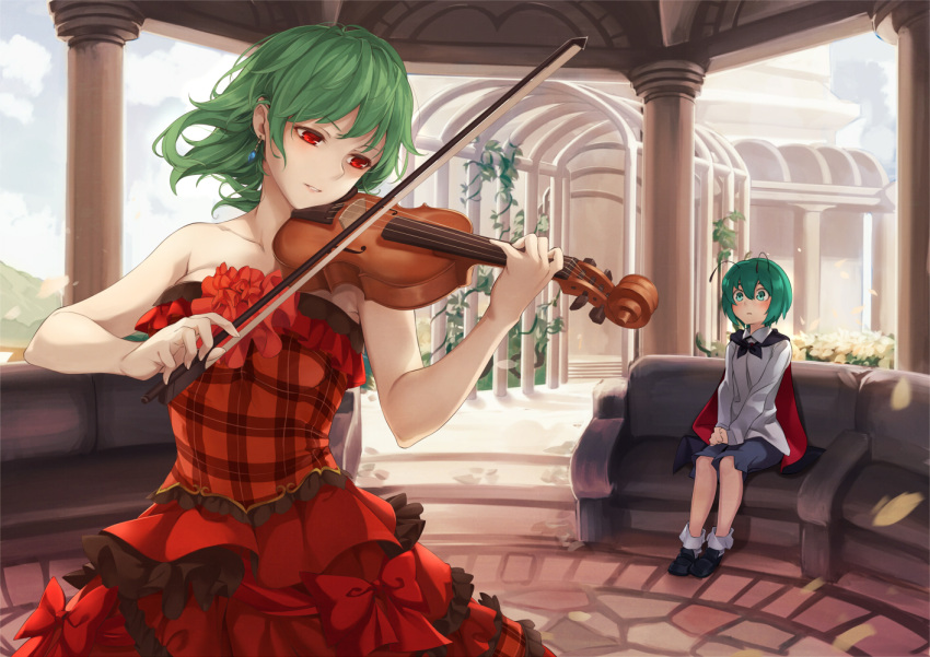 2girls adapted_costume alternate_costume antennae arch asu_tora bangs bare_arms bare_shoulders black_shoes blush bow cape closed_mouth clouds collarbone collared_shirt couch day dress dress_shirt earrings floating_hair formal frilled_dress frills green_eyes green_hair hair_between_eyes instrument jewelry kazami_yuuka long_sleeves looking_at_another mosaic multiple_girls music own_hands_together parted_lips pillar plaid plaid_dress plant playing_instrument red_bow red_dress red_eyes red_ribbon ribbon shirt shoes short_hair shorts sitting sky sleeveless sleeveless_dress stairs stone_pillar strapless strapless_dress touhou trellis v_arms vines violin white_shirt wriggle_nightbug
