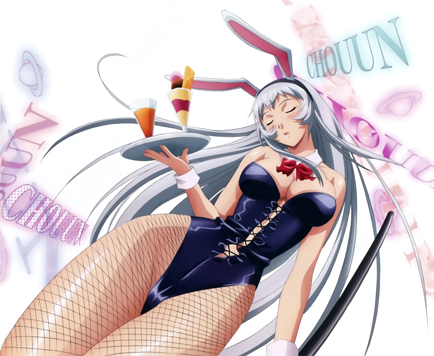 1girl absurdres animal_ears black_hairband bow bowtie breasts bunnysuit character_name chouun_shiryuu cleavage closed_eyes collar collarbone fake_animal_ears fishnet_pantyhose fishnets hairband highres holding ikkitousen large_breasts leotard long_hair official_art pantyhose rabbit_ears red_bow silver_hair solo wrist_cuffs