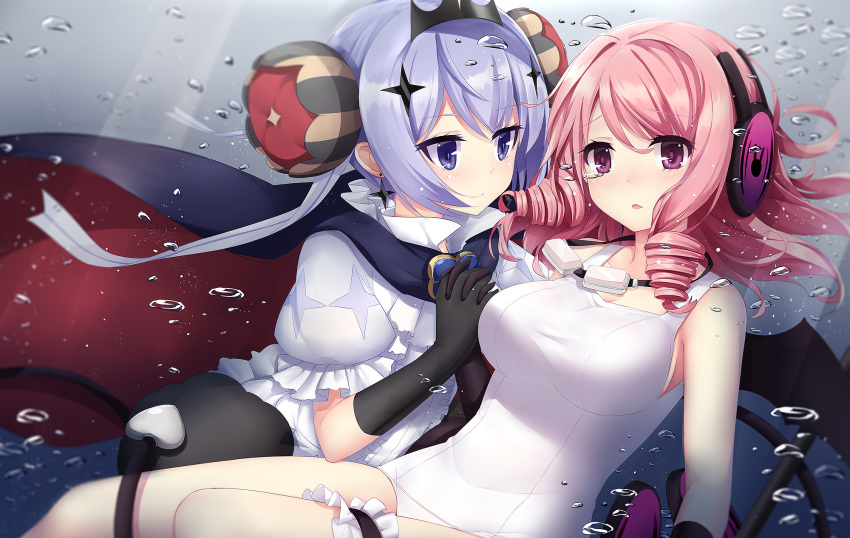 2girls aixioo blue_eyes blue_hair bubble cape drill_hair earrings frilled_shirt_collar frills gloves goggles goggles_around_neck hair_ornament headphones headpiece highres jewelry long_hair mahou_shoujo_ikusei_keikaku multiple_girls old_school_swimsuit one-piece_swimsuit parted_lips pink_eyes pink_hair puffy_short_sleeves puffy_sleeves ruler_(mahoiku) school_swimsuit short_sleeves smile swim_swim swimsuit tears underwater white_school_swimsuit white_swimsuit