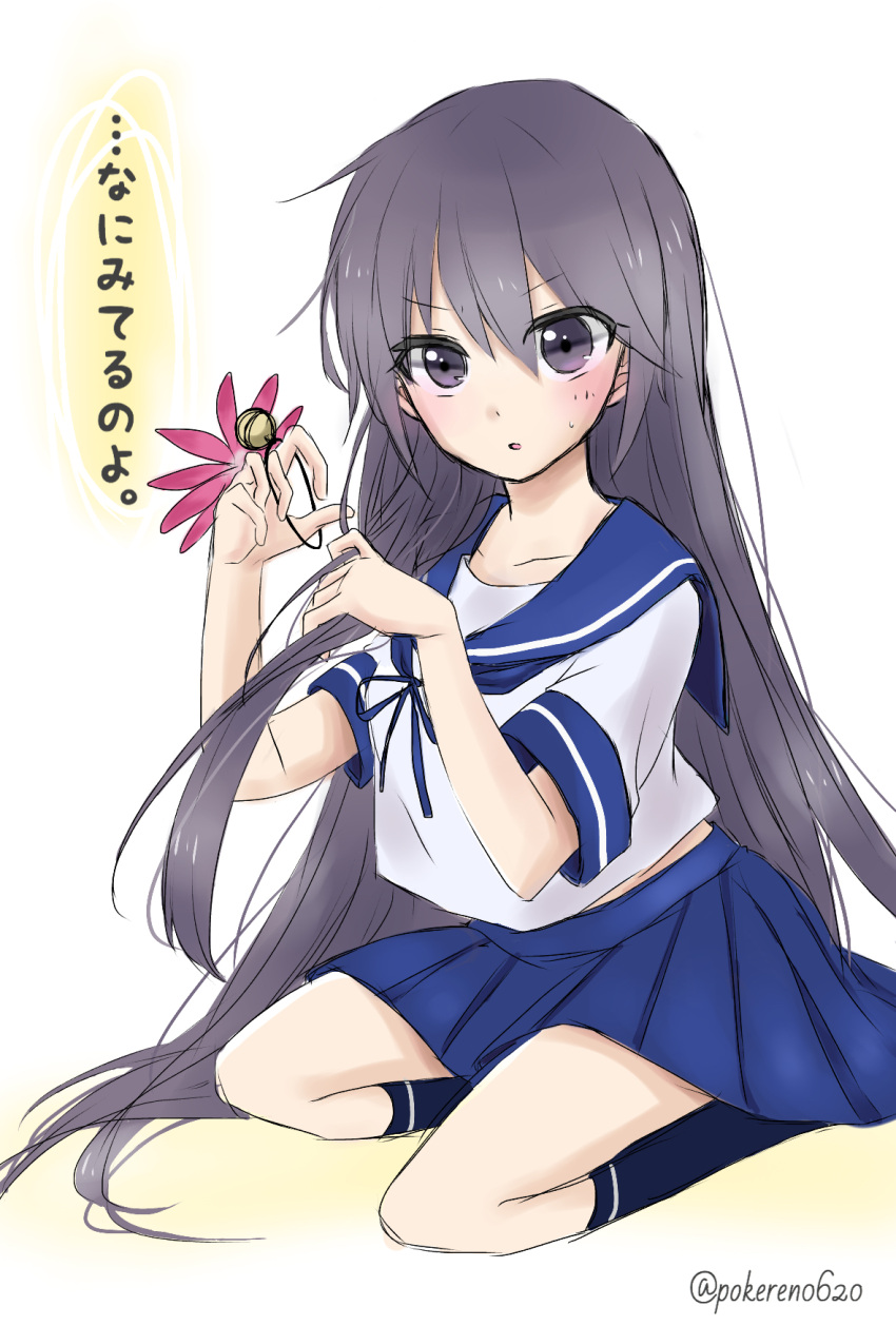 1girl :o akebono_(kantai_collection) alternate_hairstyle bangs bell blue_skirt blush eyebrows eyebrows_visible_through_hair flower hair_bell hair_between_eyes hair_down hair_flower hair_ornament hasu_(pokeren0620) highres jingle_bell kantai_collection kneehighs long_hair parted_lips pleated_skirt purple_hair school_uniform seiza serafuku short_sleeves simple_background sitting skirt solo text translated twitter_username very_long_hair violet_eyes wariza white_background