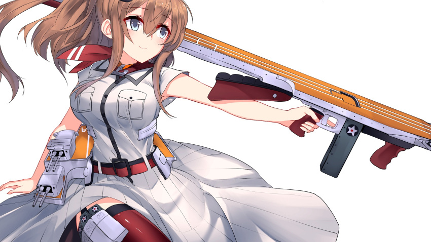 1girl anchor armpit_peek belt blouse breasts dress eyebrows eyebrows_visible_through_hair flight_deck garter_straps grey_eyes gun hair_between_eyes highres jun_project kantai_collection large_breasts looking_to_the_side magazine_(weapon) ponytail red_legwear red_neckerchief redhead roundel saratoga_(kantai_collection) simple_background skirt smile solo striped striped_dress submachine_gun thigh-highs trigger_discipline turret weapon white_background white_blouse white_dress white_skirt