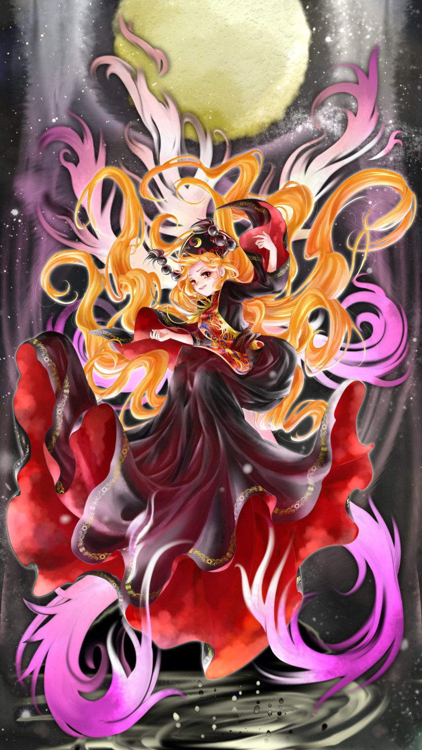 black_dress chinese_clothes crescent dress floating floating_hair fox_tail highres hokuto_(tomoki_yuuko junko_(touhou) lips long_hair long_sleeves looking_at_viewer moon_(ornament) multiple_tails orange_hair red_eyes sky star_(sky) starry_sky tabard tail touhou very_long_hair wide_sleeves