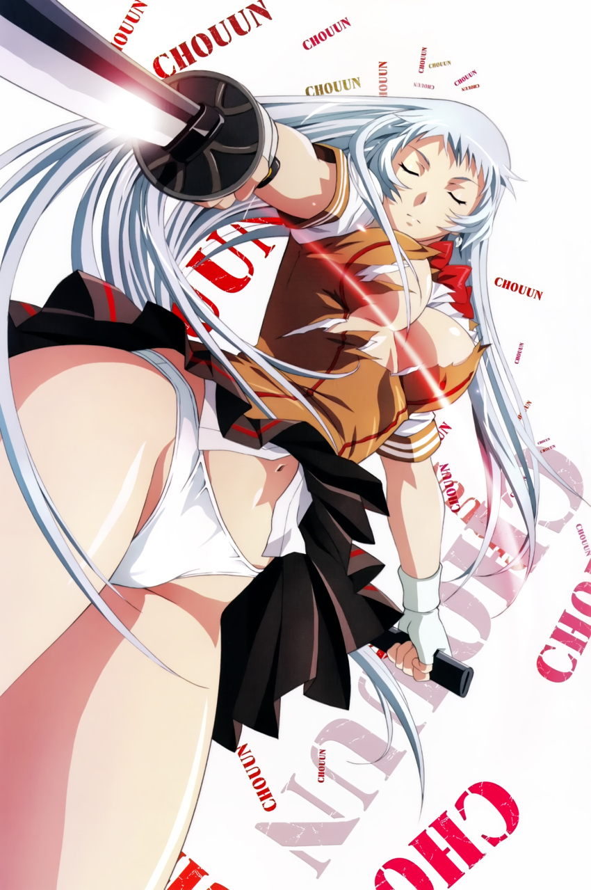 1girl absurdres breasts brown_skirt character_name chouun_shiryuu cleavage closed_eyes highres holding holding_sword holding_weapon ikkitousen long_hair navel official_art panties pleated_skirt shirt silver_hair skirt solo sword torn_clothes torn_shirt underwear weapon white_panties