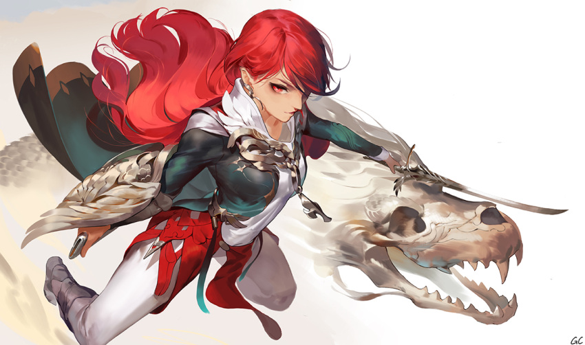 1girl bangs boots breasts coat earrings eyelashes eyeliner geolim high_collar holding holding_sword holding_weapon jewelry long_hair long_sleeves makeup original pants pelvic_curtain red_eyes redhead scabbard sheath shirt signature simple_background skull solo sword weapon white_background white_pants